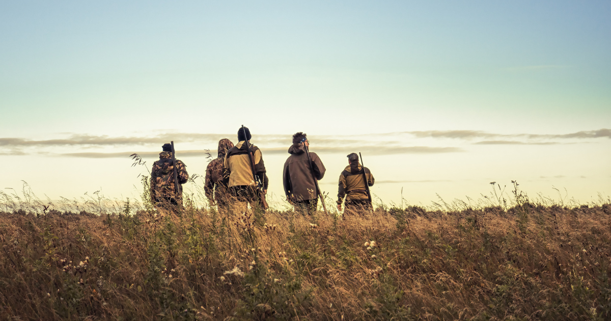 A group of men out hunting walking through a field.