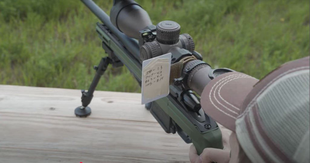 A rifle with a dope sheet attached using the Cole-TAC Cheat Sheet.