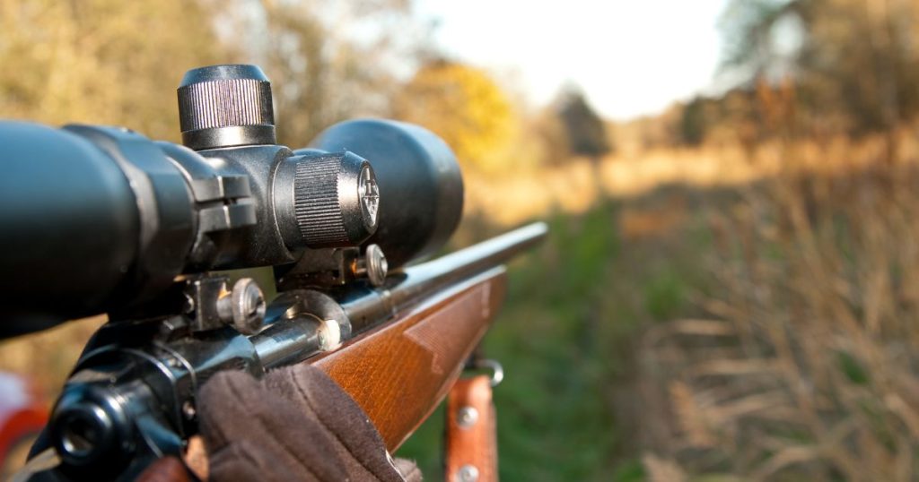 A person out in the field lining up their rifle to take a shot.