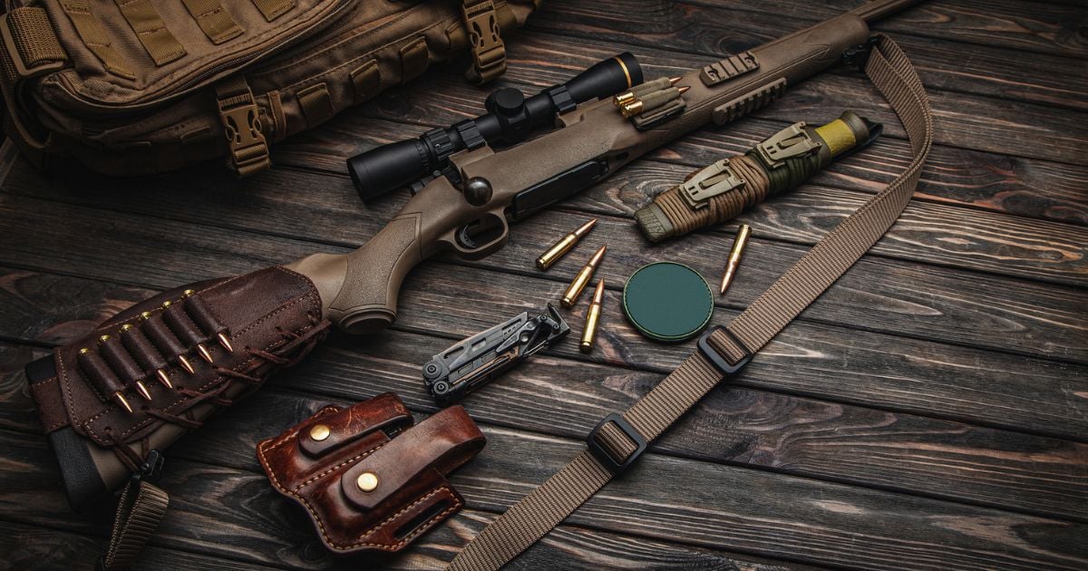 Various hunting gear laid out on a table.