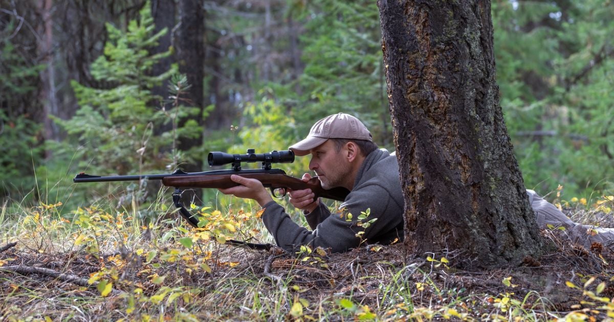 A man in the prone shooting position while hunting with a rifle.